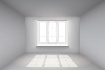 Empty room with white walls and window. Simple interior without furnish and furniture. Sunlight falls from the window to the floor. Imitation of three-dimensional space. Vector illustration.