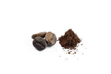 coffee beans and ground beans on a white background