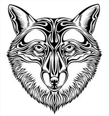 Black and white stylized image of a muzzle of a Fox for tattoo and other.