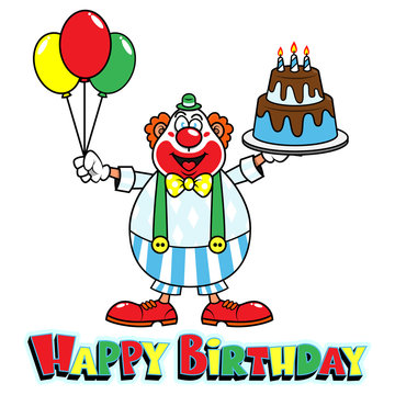 Funny Clown with happy facial expressions carrying Birthday cake and Balloon with Happy Birthday text best for invitation birthday party or greeting card Cartoon Vector