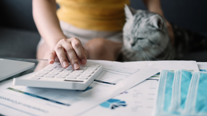 Work from home. Woman works on calculator with financial report with pet cat on sofa