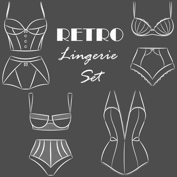 White Retro Lingerie Set. Collection of Sexy Vintage Like Women Underwear Pieces. Different Types of Bras, Panties, Teddy for Undergarment Shops or Boutiques Advertisement. Vector Illustration. 