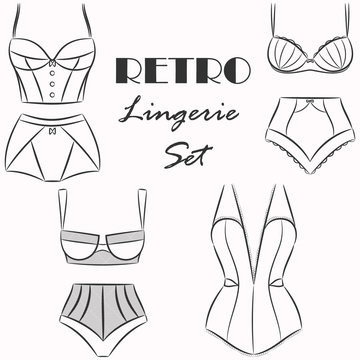 Vintage Lingerie or Swimsuits Set. Collection of Sexy Retro Women Underwear Pieces. Different Types of Bras, Panties, Teddy for Undergarment Shops or Boutiques Advertisement. Vector Illustration