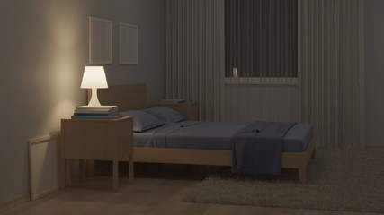 The interior of the bedroom in a modern style in blue tones. Night. Evening lighting. 3D rendering.