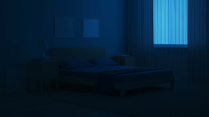 The interior of the bedroom in a modern style in blue tones. Night. Evening lighting. 3D rendering.