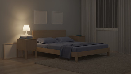 The interior of the bedroom in a modern style in blue tones. Night. Evening lighting. 3D rendering.