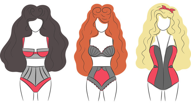 Pin Up Girls in Lingerie. Blonde, Brunette and Ginger Vector Women with Curly Hair. Black and Red Underwear on Models. Vintage Fashion Illustration