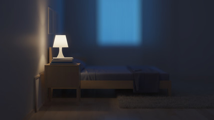 The interior of the bedroom in a modern style in blue tones. Night. Evening lighting. 3D rendering.