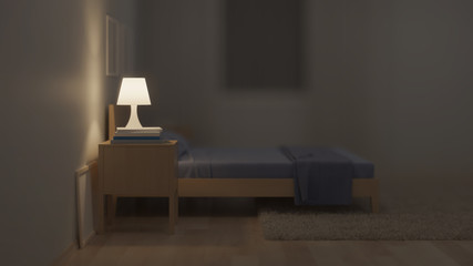 The interior of the bedroom in a modern style in blue tones. Night. Evening lighting. 3D rendering.