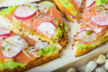 salmon toast with gacamole, radishes and bean sprouts