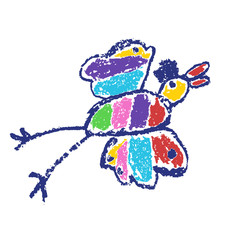 Tropical crazy fantastic doodle bird animal. Crayon like kids hand drawn colorful bright funny jungle flying monster. Vivid smiling character. Vector pastel chalk or pencil childlike multicolor art