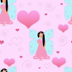 Girl pink, doll fairy with hearts , children cartoon 
 seamless pattern