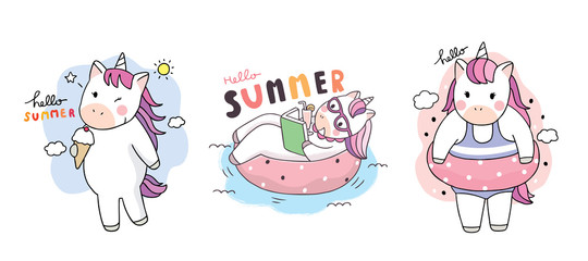 Cartoon cute summer, Unicorn set vector.