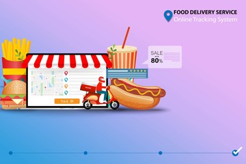 Concept of food delivery service with online tracking system, staff riding a scooter in front of laptop which the display contain map, GPS and customer rating and review to deliver food to customers.