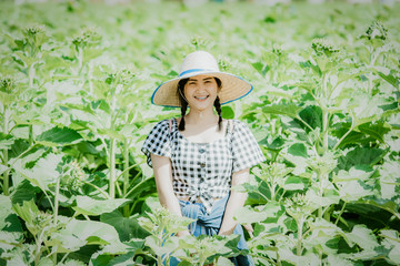 Women wearing plaid shirts Roam in green bushes