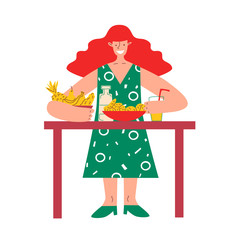 Young woman having breakfast at the dining table, people activity, daily routine vector Illustration on a white background