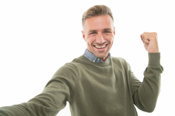 Fototapeta premium Happy winner. Happy guy make winner gesture isolated on white. Happy celebration. Pleasure and joy. Fun and entertainment. Cool mood. Happiness. Choose happy. Its a good day