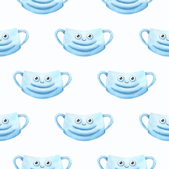 Seamless pattern with medical print. Disposable medical mask. Children's watercolor illustration on a white background. Blue respirator. Stock image.