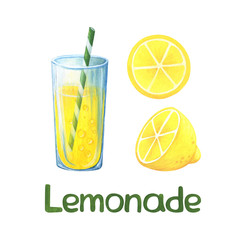 a glass of homemade lemonade and slices of lemon in the cut. A set of gouache illustrations. Summer carbonated drink .Yellow. A set of stock images on a white background.