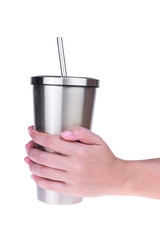 Hands holding cup of coffee or tea on white background.