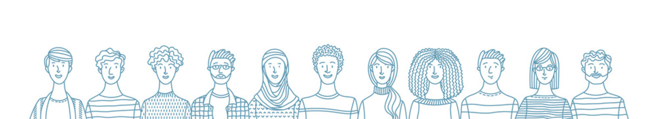 Multicultural smiling adult men and women standing together