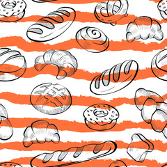 Bakery, cafe, food, sweets vector seamless pattern on white background. Concept for wallpaper, wrapping paper, cards, menu