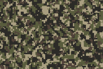 Brown, green and black Pixel Camouflage. Khaki Digital Camo background, military pattern, army and sport clothing, urban fashion. Vector Format. 2:3 aspect ratio.