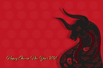 Paper art black bull with Happy chinese new year 2021 in gold with copy space, Zodiac sign,Year of ox on red background, Element design for chinese lunar zodiac collection