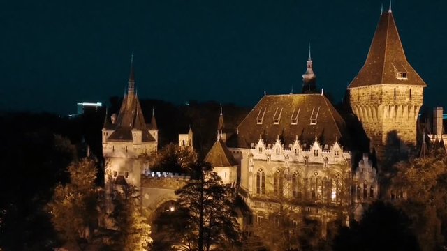 Aerial Video of the Vajdahunyad Castle at Night in Budapest