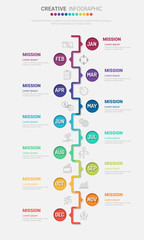 Timeline for 1 year, 12 months, infographics month planner design vector 12 steps and Presentation business can be used for Business concept with 12 options, steps or processes. 