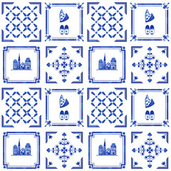 Watercolor seamless patterns with dutch ornaments. floral elements and decorations. Netherlands tiles 