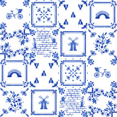 Watercolor seamless patterns with dutch ornaments. floral elements and decorations. Netherlands tiles 