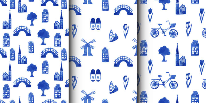 Set of watercolor seamless patterns with dutch decorative elements. Holland, Netherlands, northern ornaments