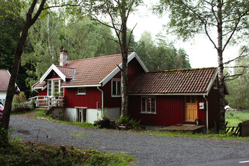 Obraz premium red small house in a Norwegian forest on a background of sky