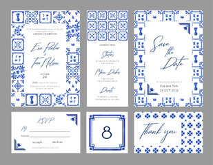 Watercolor wedding set of invitation, save the date, thank you and table number cards in dutch stile with Holland tiles - obrazy, fototapety, plakaty