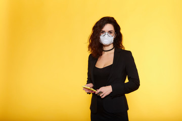 Business woman in glasses  wearing protective mask to Prevention for Coronavirus or Covid-19 Outbreak Situation - Concept, contagious disease, healthcare and Business.  Brunette