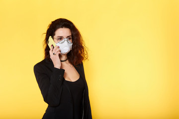 Business woman in glasses  wearing protective mask to Prevention for Coronavirus or Covid-19 Outbreak Situation - Concept, contagious disease, healthcare and Business.  Brunette