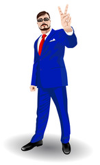 Man in a business suit demonstrates victory gesture
