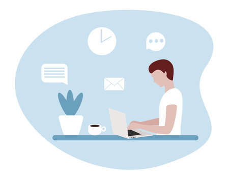 Man working on his laptop with coffee and house plant on the desk. Raster illustration. Working from home concept. 
