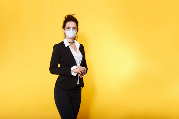 Business woman in glasses  wearing protective mask to Prevention for Coronavirus or Covid-19 Outbreak Situation - Concept, contagious disease, healthcare and Business.  Brunette