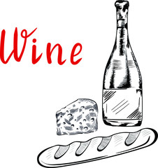 Wine, cheese, bakery food tasty vector isolated illustration on white background. Concept for logo, menu, cards