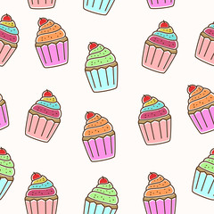 Cute cupcake seamless pattern with colorful hand drawn style suitable for background or wallpaper 
