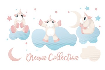 Set of magic fairy unicorn elements, isolated vector objects, flat design