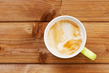 Closeup cups of coffee on wooden background. Top view with copyspace.