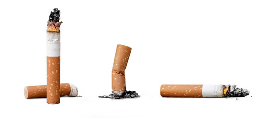 Set of cigarette butts isolated on white background