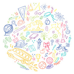 Colorful Back to school doodles set. Vector illustration. Perfect for textile fabric design, wrapping paper, banner, print.