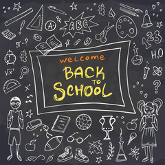 Fototapeta na wymiar Back to School banner. Doodles icons of education, science objects, office supplies and lettering Back to School on chalckboard. Vector illustration.