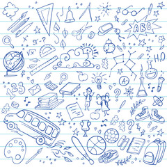 Back to school doodles set. Vector illustration. Perfect for textile fabric design, wrapping paper and website wallpapers.