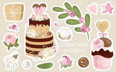 Romantic stickers with flowers, branches and cute elements. Printing on paper, fabric,
 and tableware. Vector illustration.