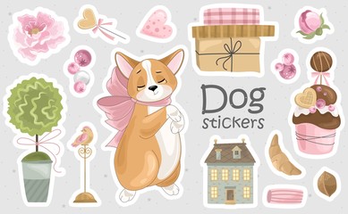 Set of Corgi stickers and icons. Cute dog with romantic items. Vector illustration.
 Printing on fabric, paper, postcards, invitations.
